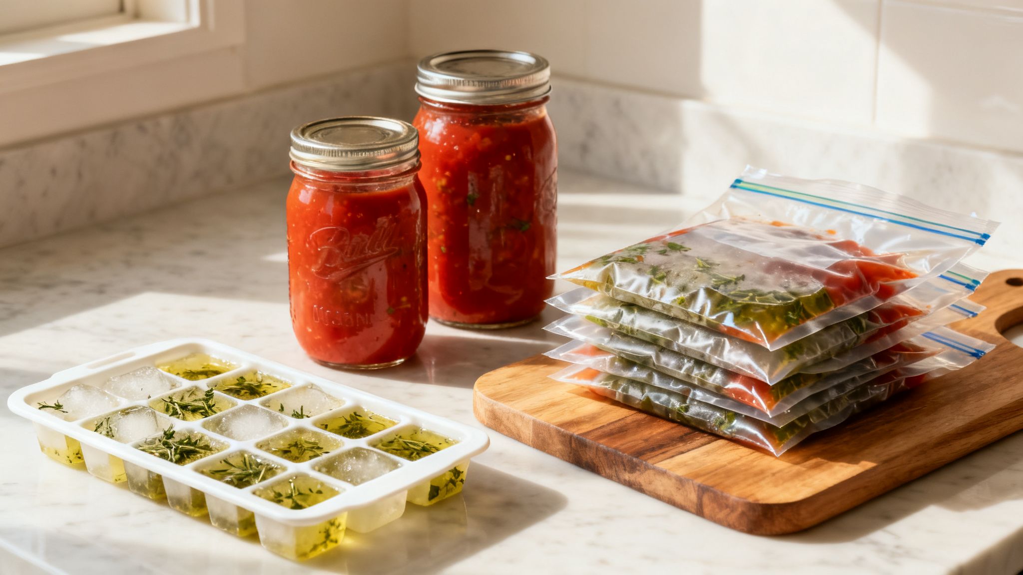 Deux bocaux de sauce tomate, des sachets de congélation et un bac à glaçons d'herbes pour la conservation des aliments.