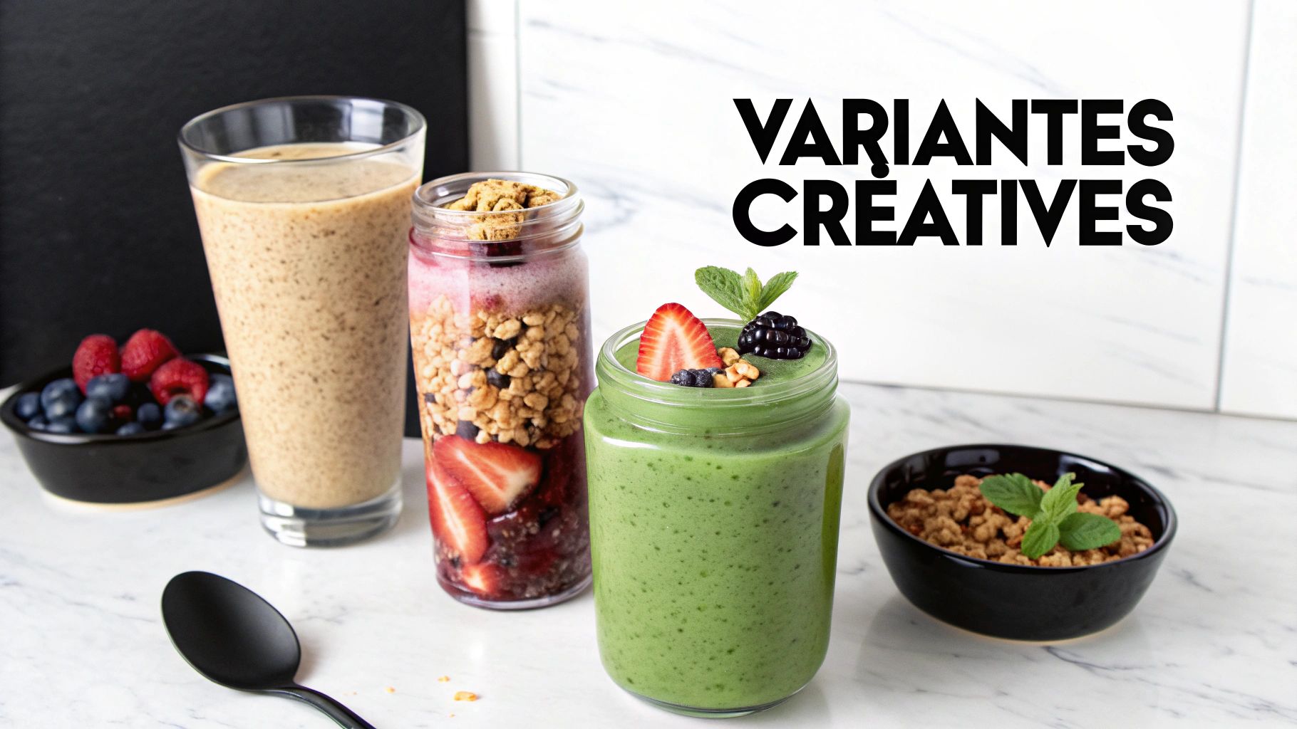 Trois variantes de smoothies et parfaits sains avec fruits frais et granola, parfaits pour le petit-déjeuner.