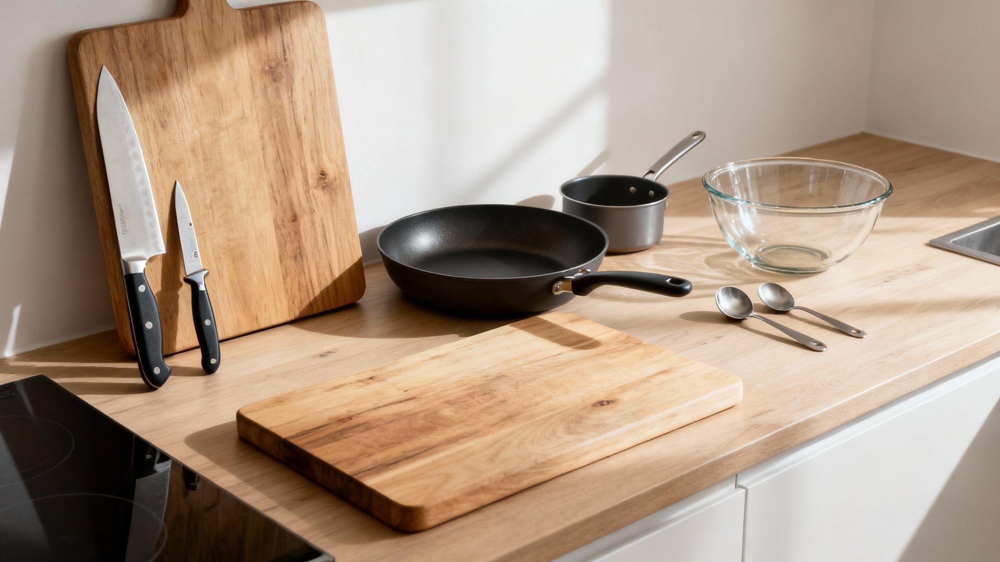 Ustensiles de cuisine essentiels: planches à découper, couteaux, poêle, casserole, bol et cuillères sur un comptoir en bois.