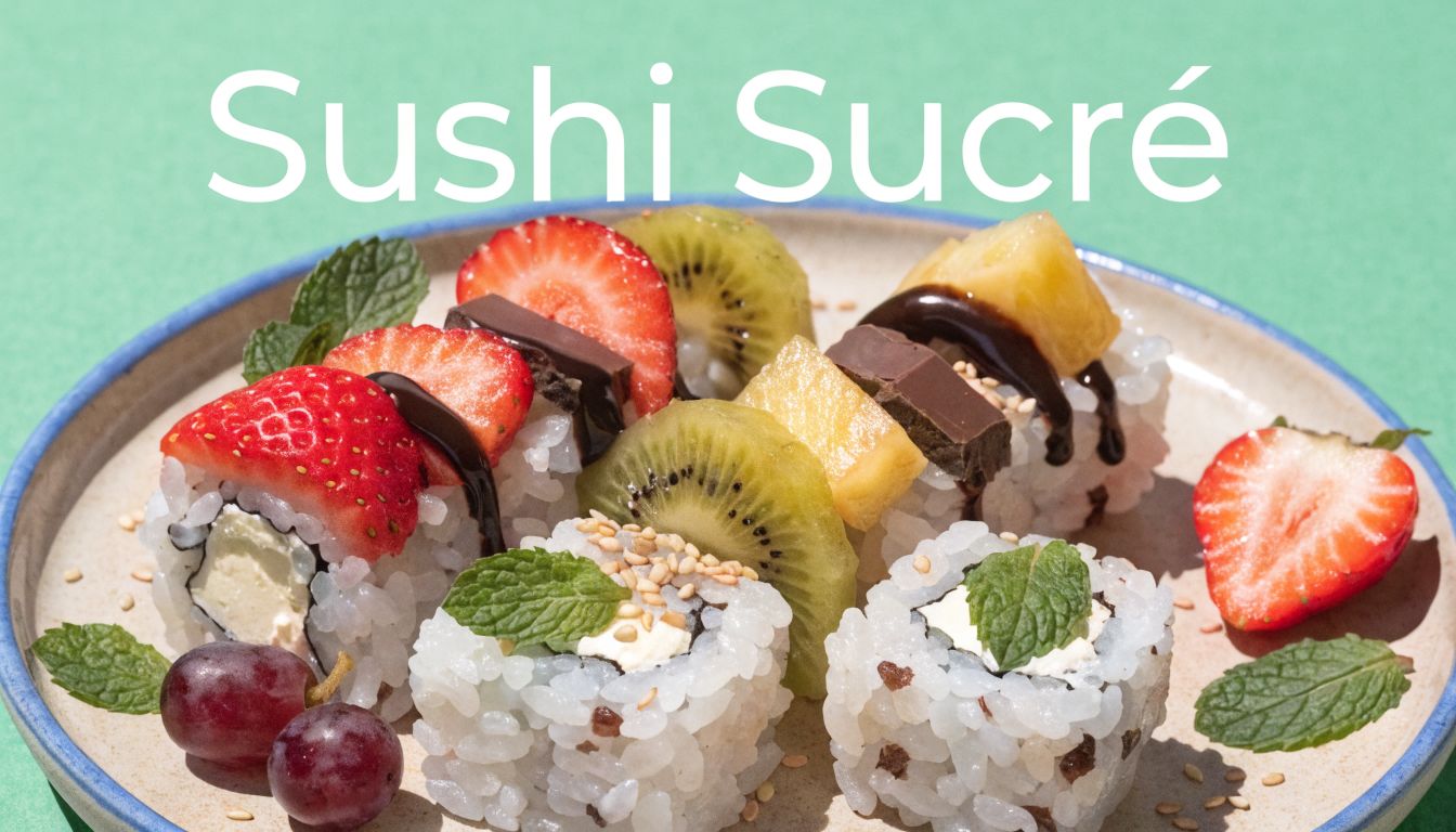 Une assiette colorée de sushis sucrés garnis de fraises, kiwi, ananas, chocolat et feuilles de menthe fraîche.