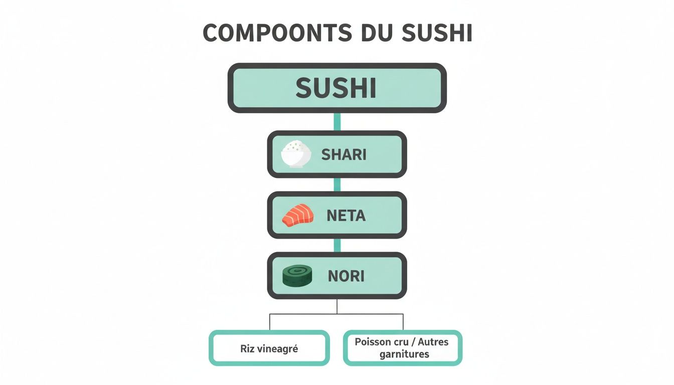 Diagramme illustrant les composants essentiels du sushi : shari (riz vinaigré), neta (poisson cru) et nori (algue).
