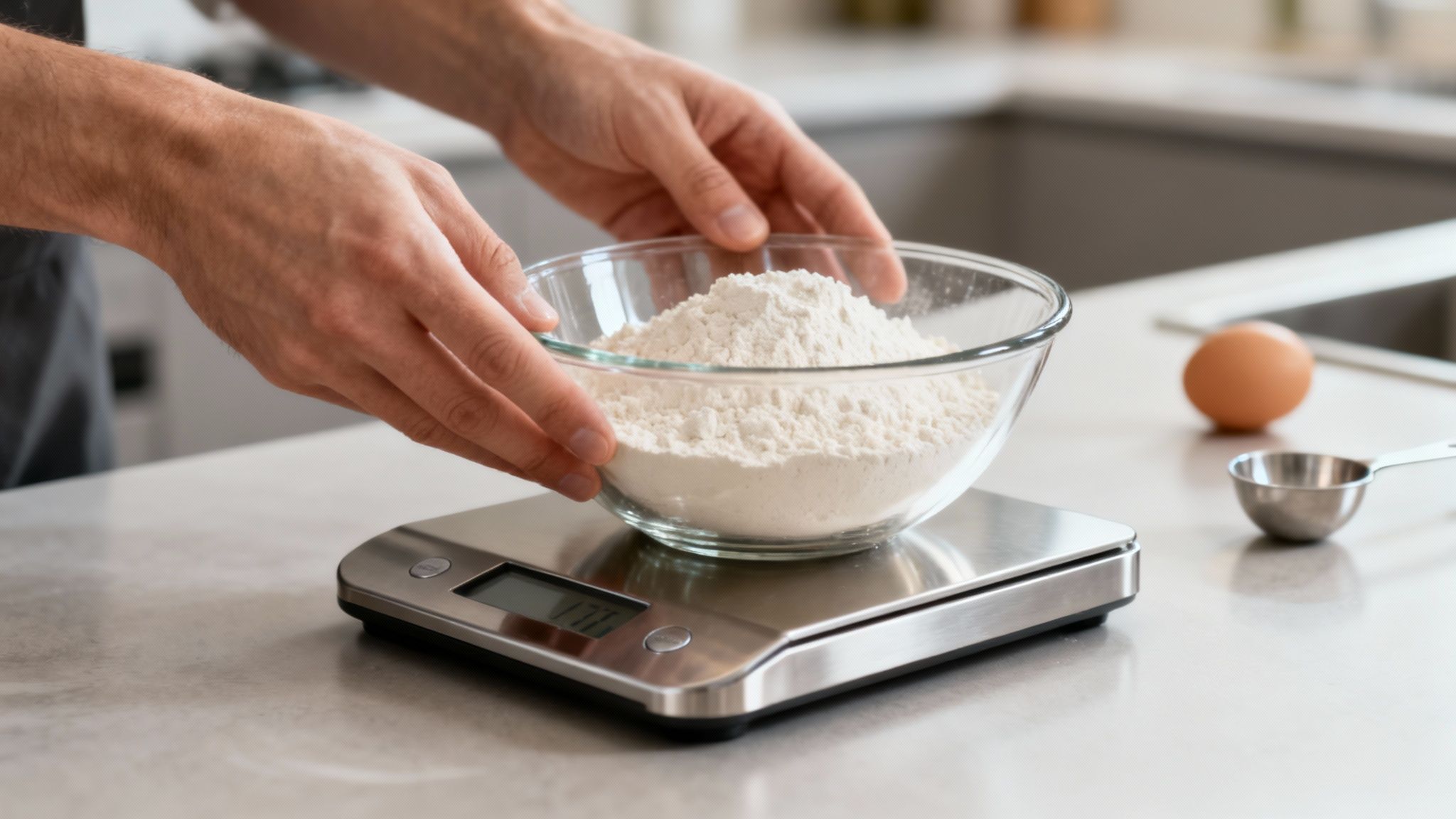 Des mains mesurant de la farine dans un bol sur une balance numérique, avec un œuf à côté.