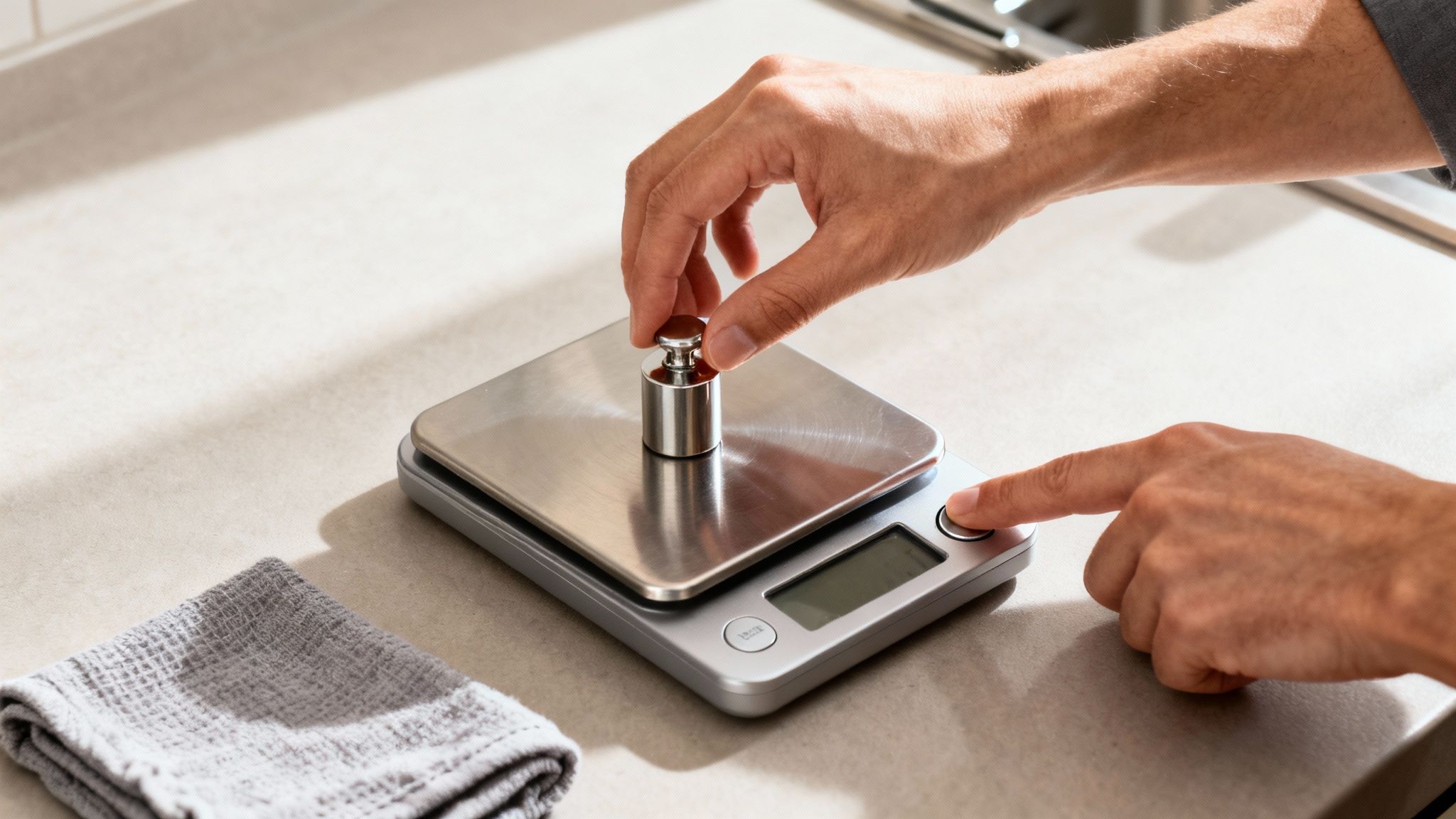 Une main place un poids d'étalonnage sur une balance de cuisine numérique, tandis qu'une autre appuie sur un bouton.