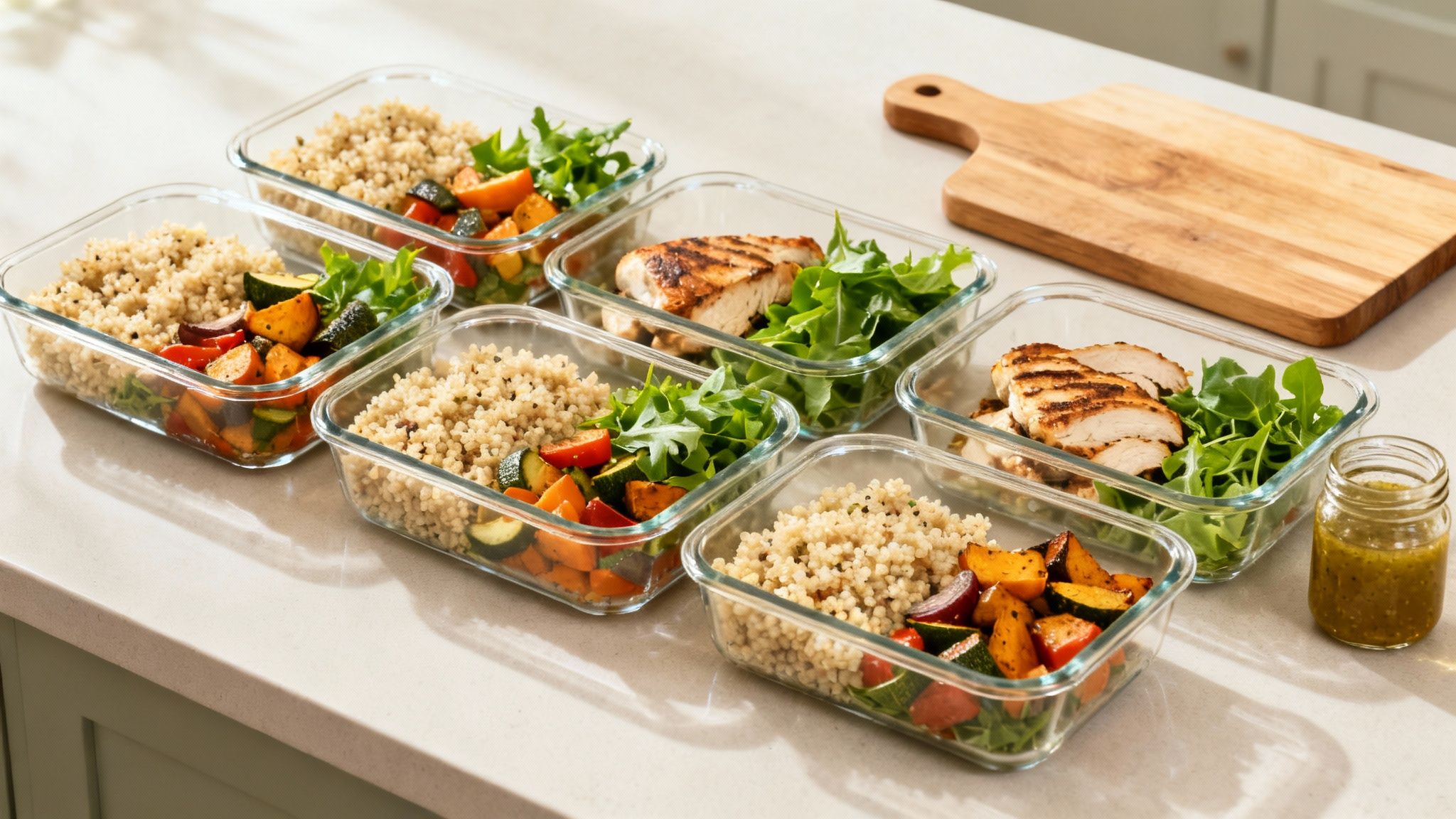 Six contenants de préparation de repas sains avec quinoa, légumes rôtis, poulet grillé et salade verte.