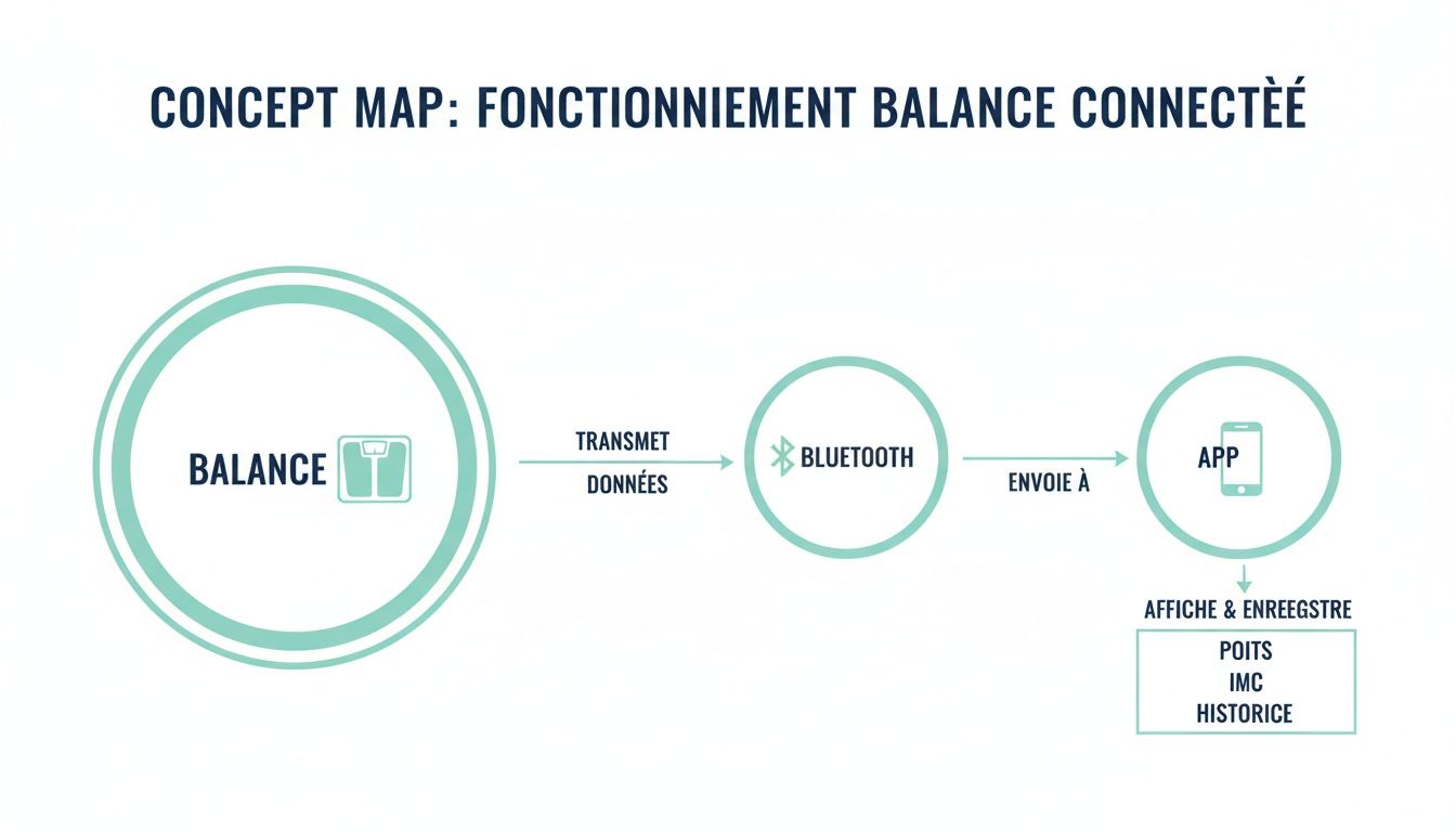 Schéma conceptuel montrant le fonctionnement d'une balance connectée, transmettant les données via Bluetooth à une application pour afficher poids, IMC et historique.