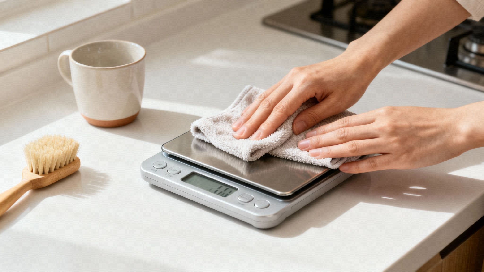 Mains nettoyant une balance de cuisine numérique avec un chiffon sur un comptoir blanc.