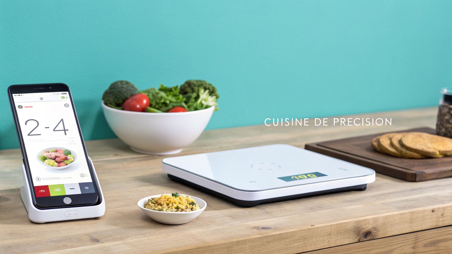 Balance de cuisine connectée et smartphone affichant une recette, avec salade et céréales sur une table en bois.