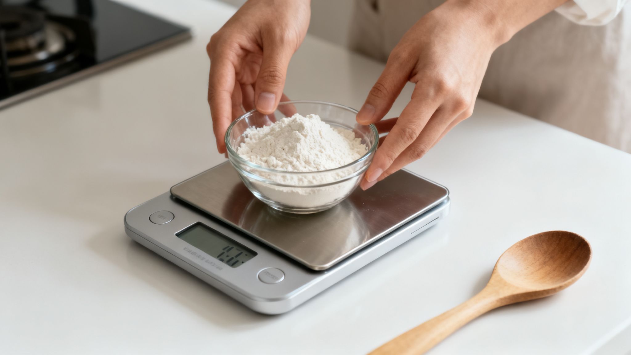 Une personne pèse de la farine dans un bol transparent sur une balance de cuisine numérique.
