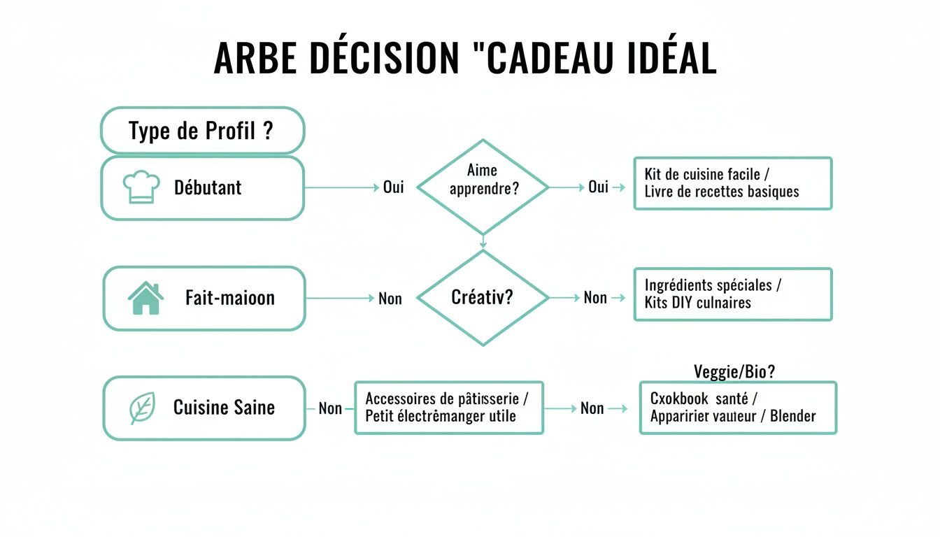 Arbre de décision visuel pour trouver l'idée cadeau cuisine idéale selon le profil et les préférences culinaires.
