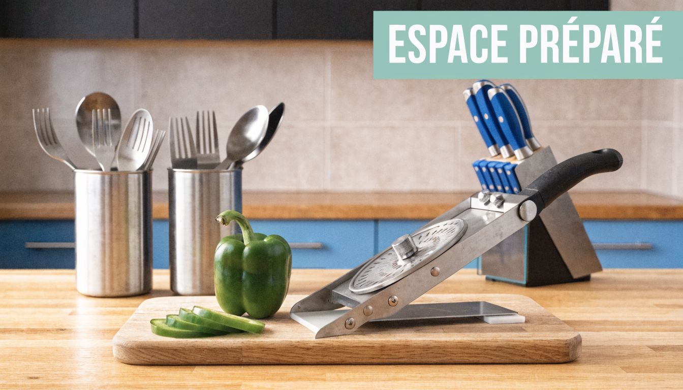 Une mandoline de cuisine métallique posée sur une planche à découper en bois avec un poivron vert.