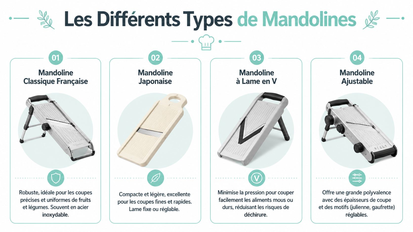 Infographie illustrant quatre types différents de mandolines de cuisine avec leurs caractéristiques et usages spécifiques.