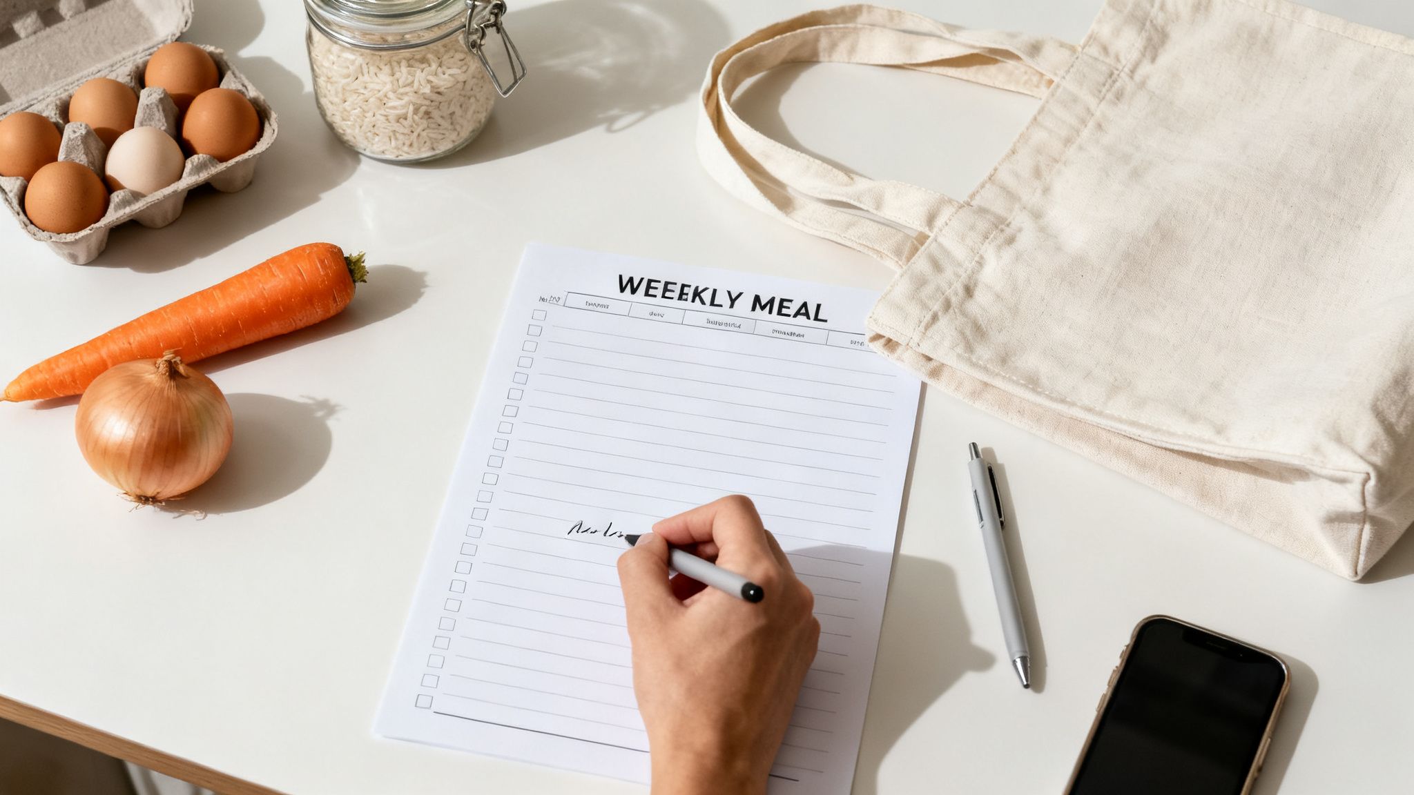 Personne écrivant un planificateur de repas hebdomadaire, entourée d'épicerie et d'un sac en toile sur une table blanche.