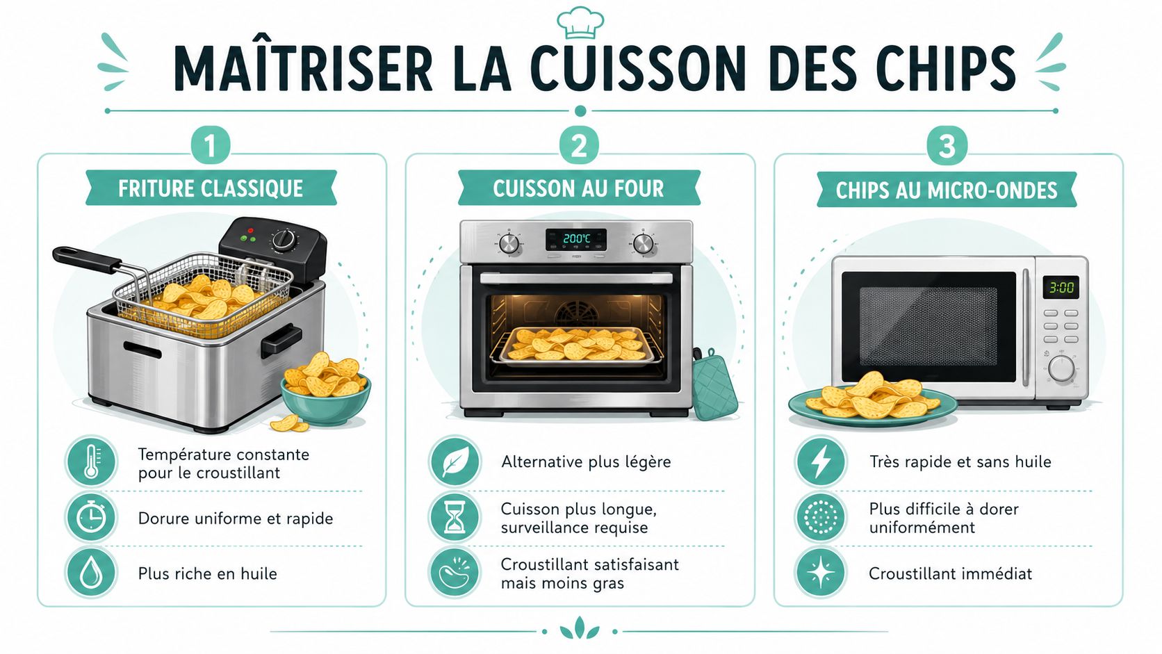 Une infographie comparant trois méthodes de cuisson pour faire des chips : friteuse, four et micro-ondes.