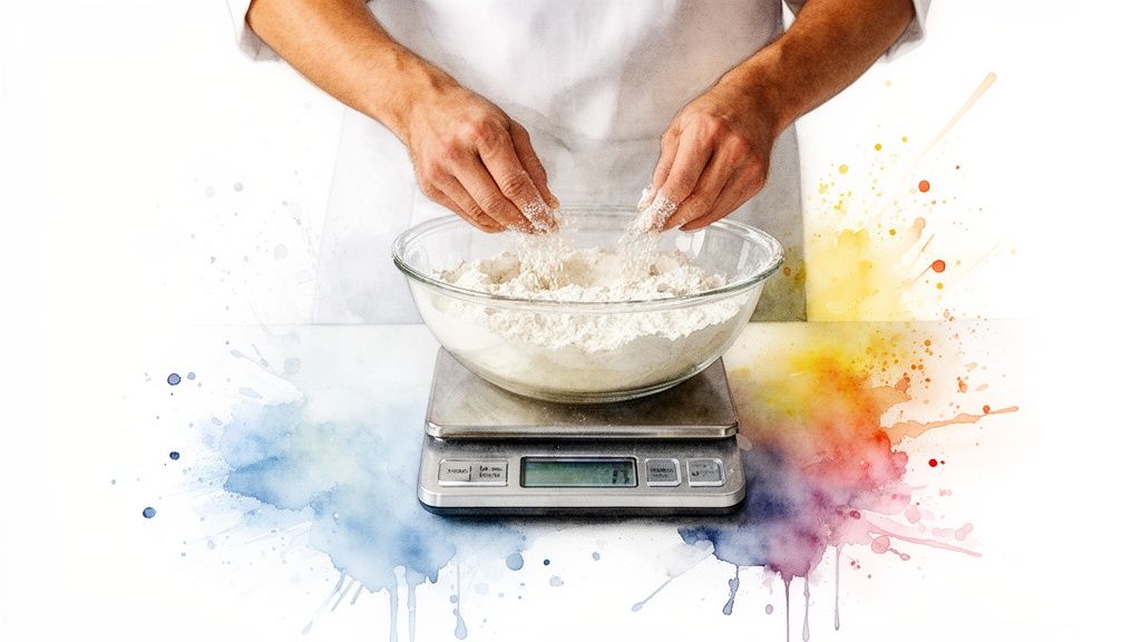 Des mains ajoutant de la farine dans un bol transparent posé sur une balance de cuisine, entouré d'éclaboussures de couleur vives.