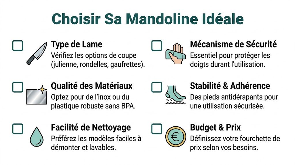 Une liste de conseils pratiques illustrés pour choisir la mandoline de cuisine idéale selon différents critères importants.