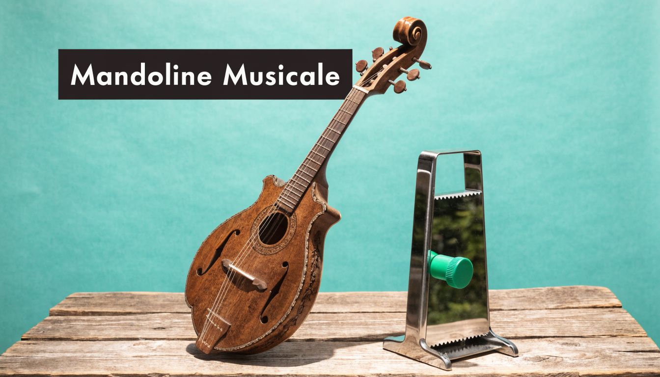 Une mandoline musicale en bois à côté d'une mandoline de cuisine en inox sur une table.