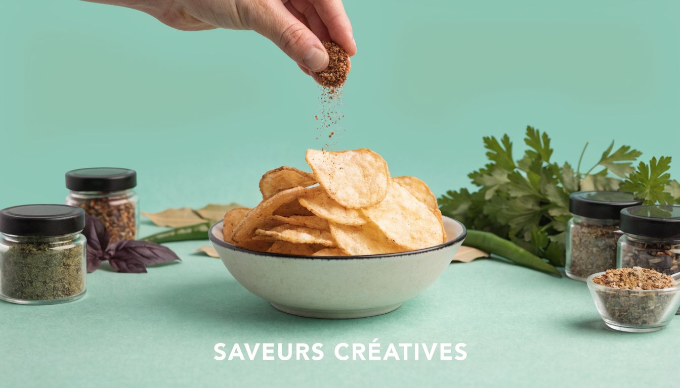 Une main saupoudre des épices sur un bol rempli de chips maison dans une cuisine créative.