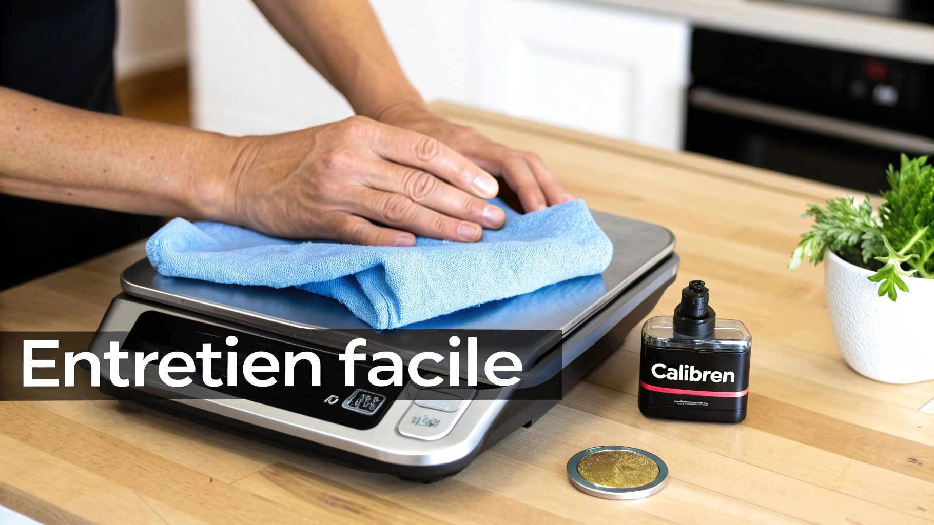 Une personne nettoie une balance de cuisine avec un chiffon bleu, illustrant un entretien facile.