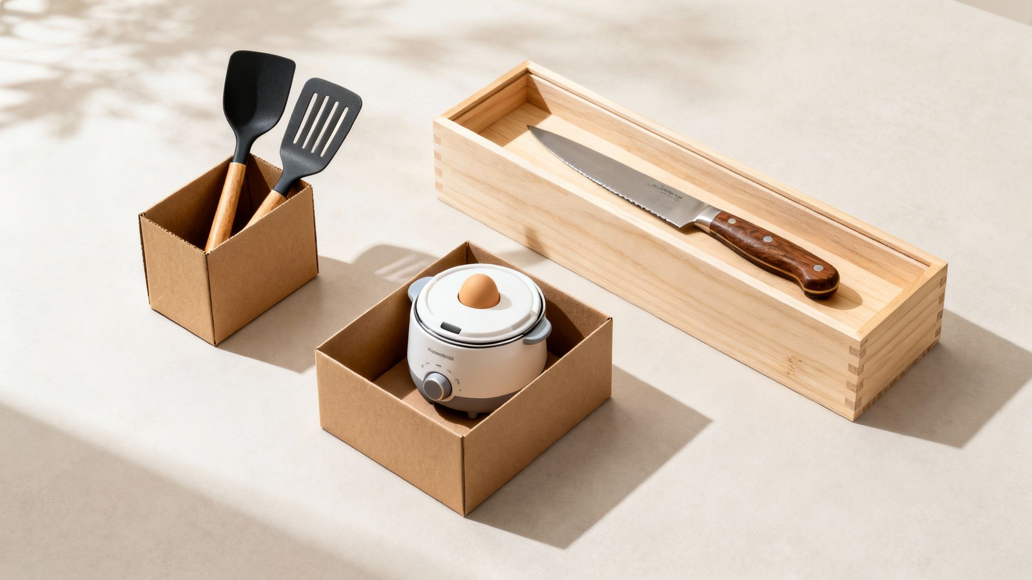 Présentation de trois idées cadeaux de cuisine : ustensiles, cuiseur à œufs et couteau dans des boîtes d'emballage.