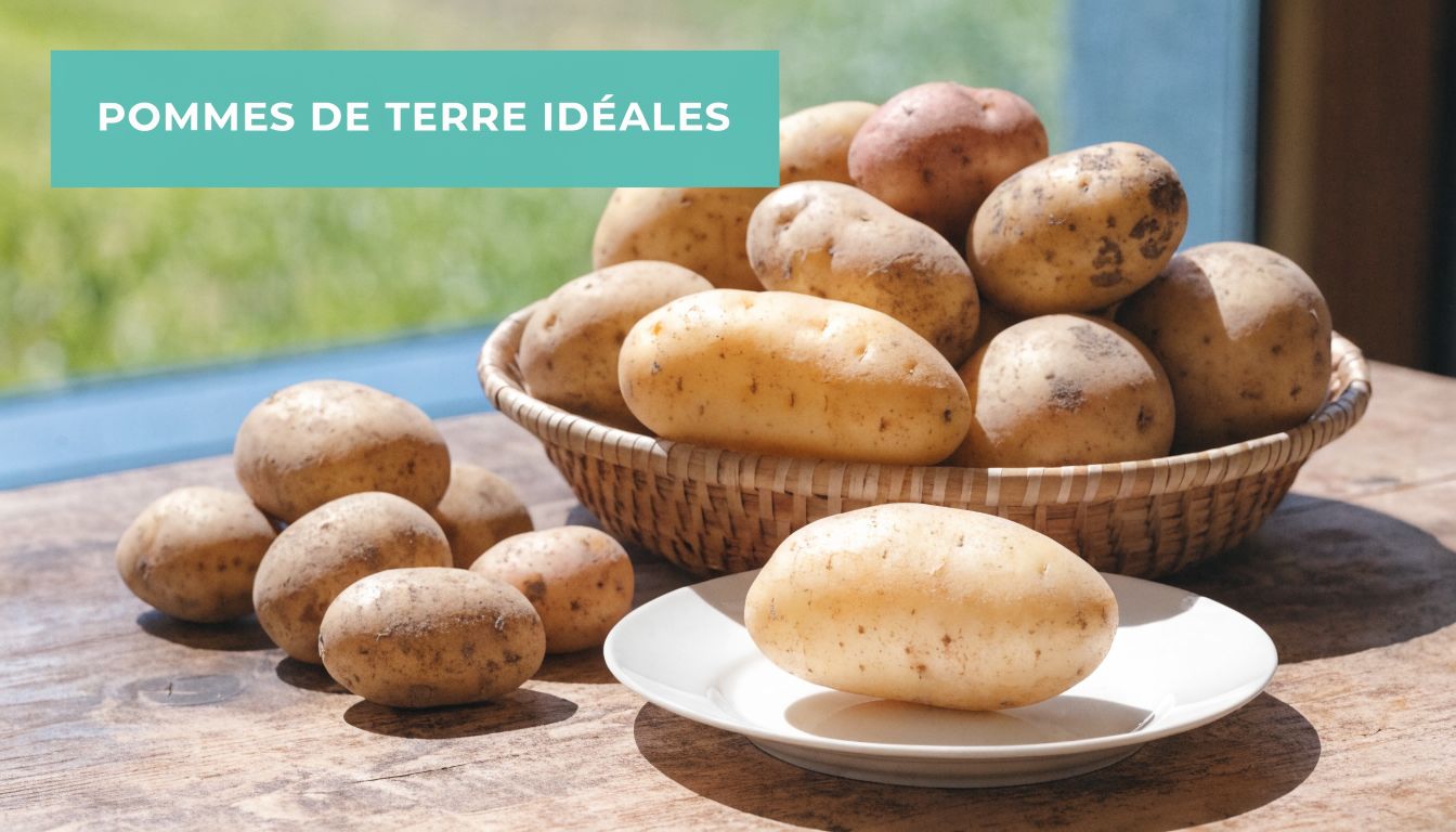Un panier rempli de pommes de terre fraîches posé sur une table en bois près d'une assiette.