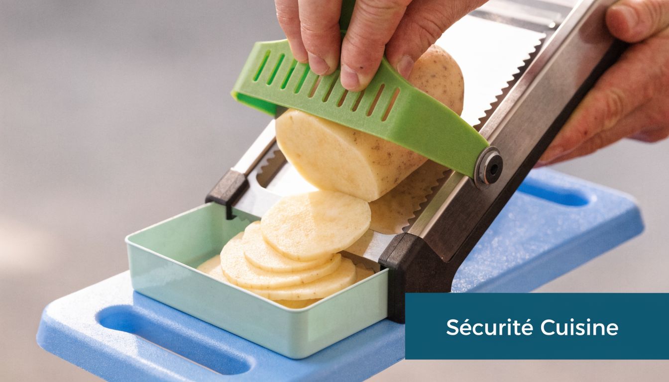 Une main utilise une mandoline de cuisine verte pour trancher finement une pomme de terre crue.
