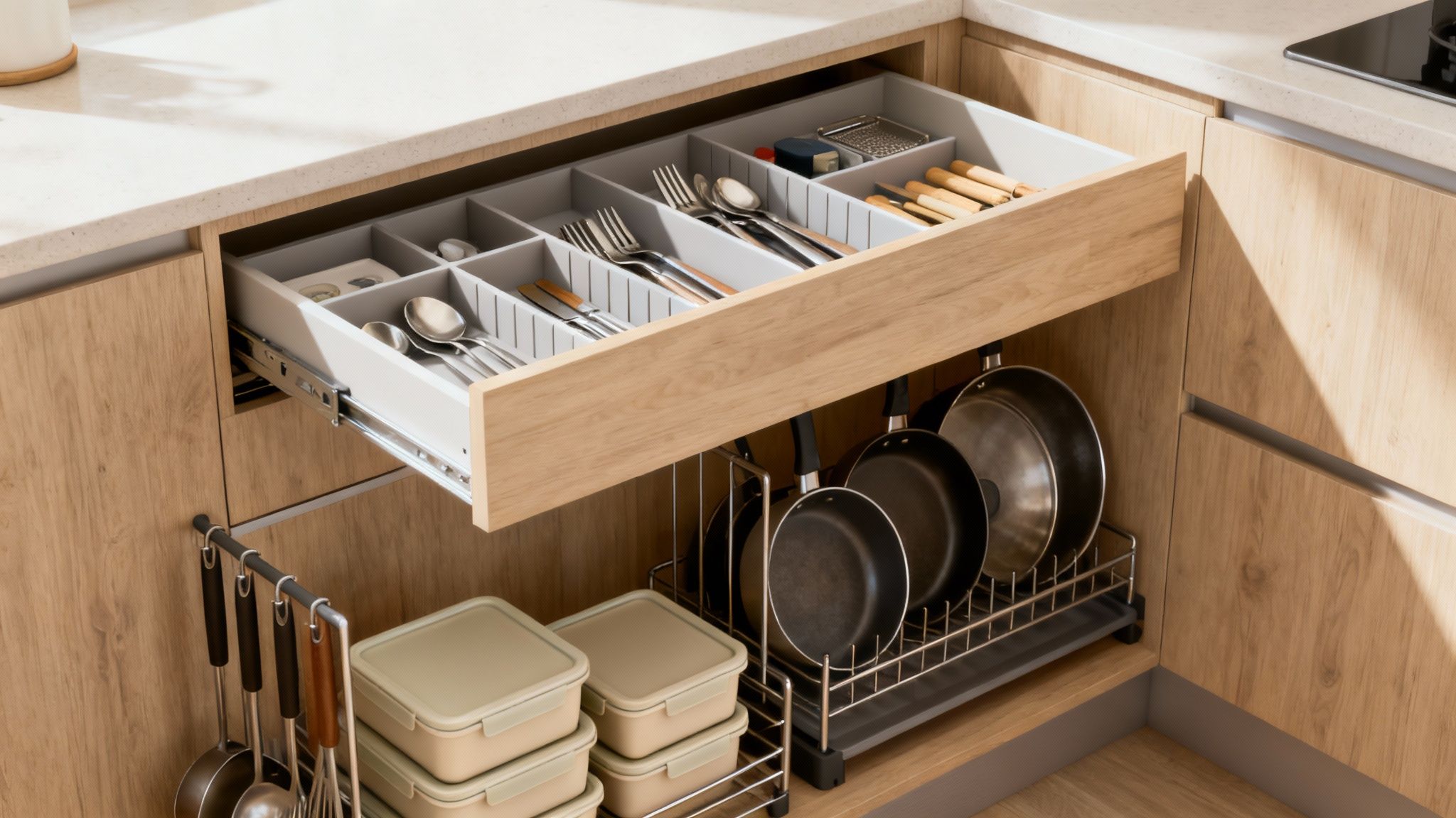 Tiroir de cuisine ouvert avec organisateurs de couverts, ustensiles suspendus, poêles et contenants empilés.