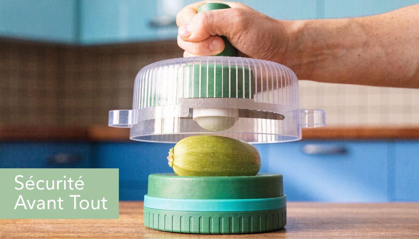 Une main tient un coupe-légumes manuel au-dessus d'une courgette pour souligner l'importance de la sécurité en cuisine.