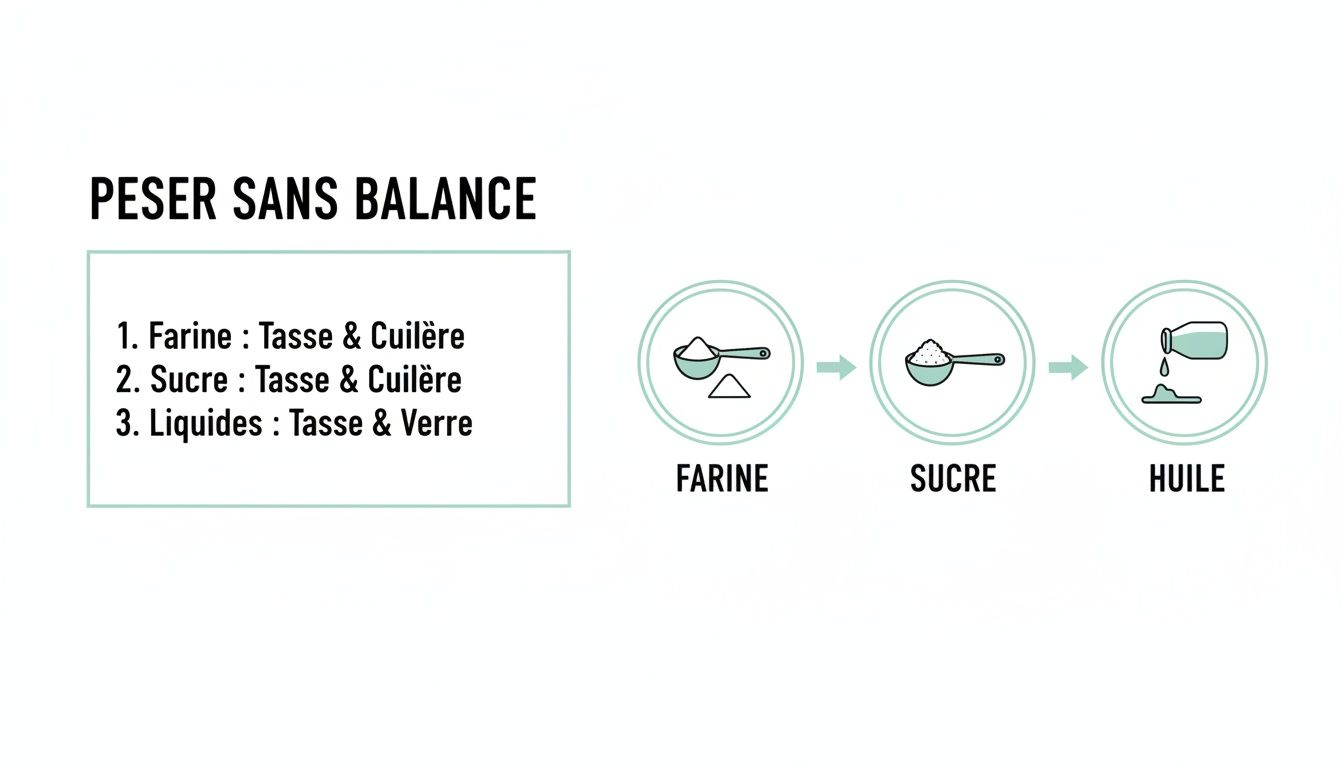 Infographie expliquant comment peser des ingrédients comme la farine, le sucre et les liquides sans balance, en utilisant tasses, cuillères et verres.