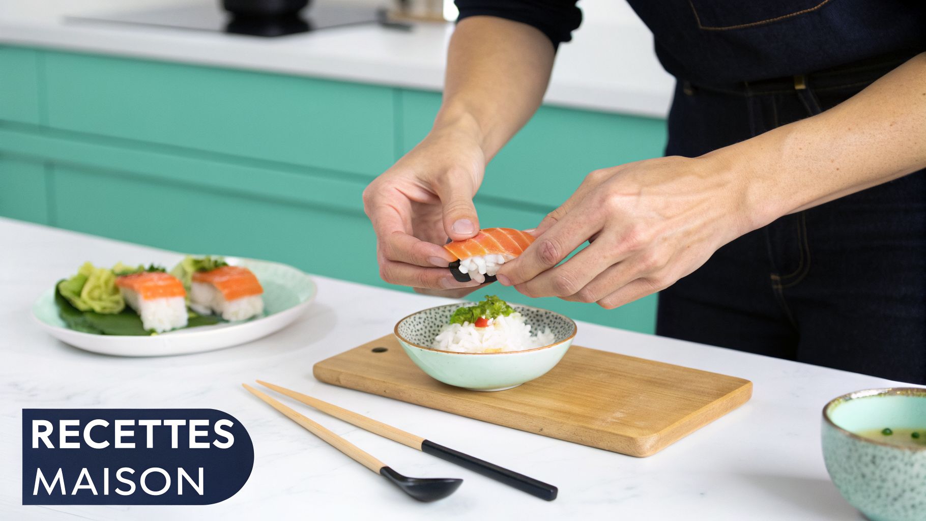 Une personne assemble un sushi nigiri au saumon au-dessus d'un bol de riz, avec d'autres sushis préparés sur une assiette en arrière-plan.
