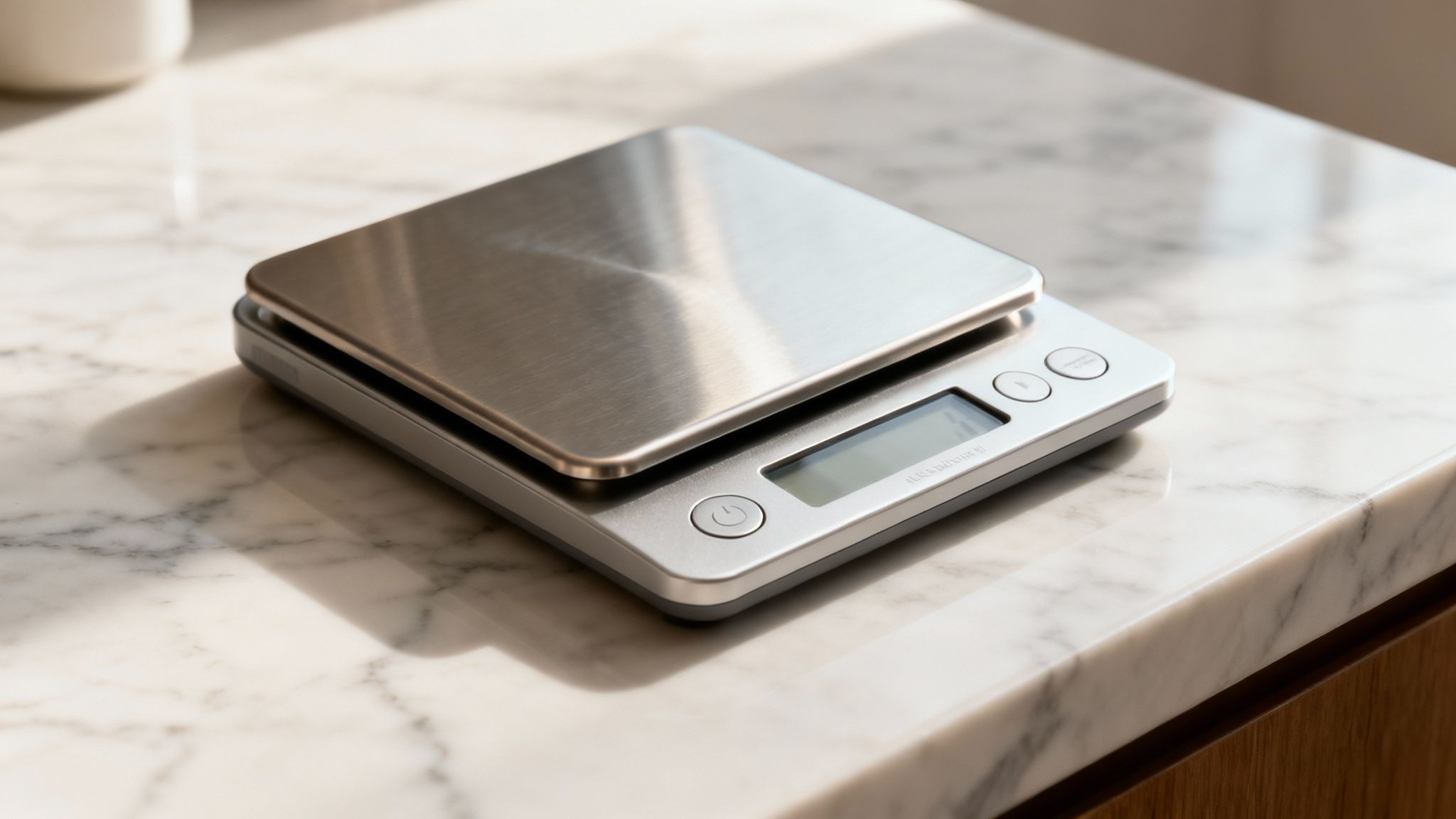 Balance de cuisine numérique en acier inoxydable posée sur un élégant comptoir en marbre blanc.