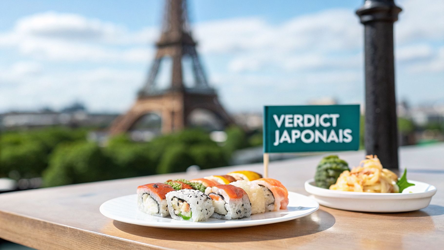 Des sushis variés sur une table en bois avec la Tour Eiffel et une pancarte "VERDICT JAPONAIS" en arrière-plan.