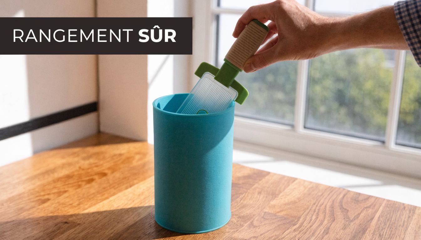 Une main insère prudemment un outil de cuisine à lame dans un rangement cylindrique bleu sécurisé.