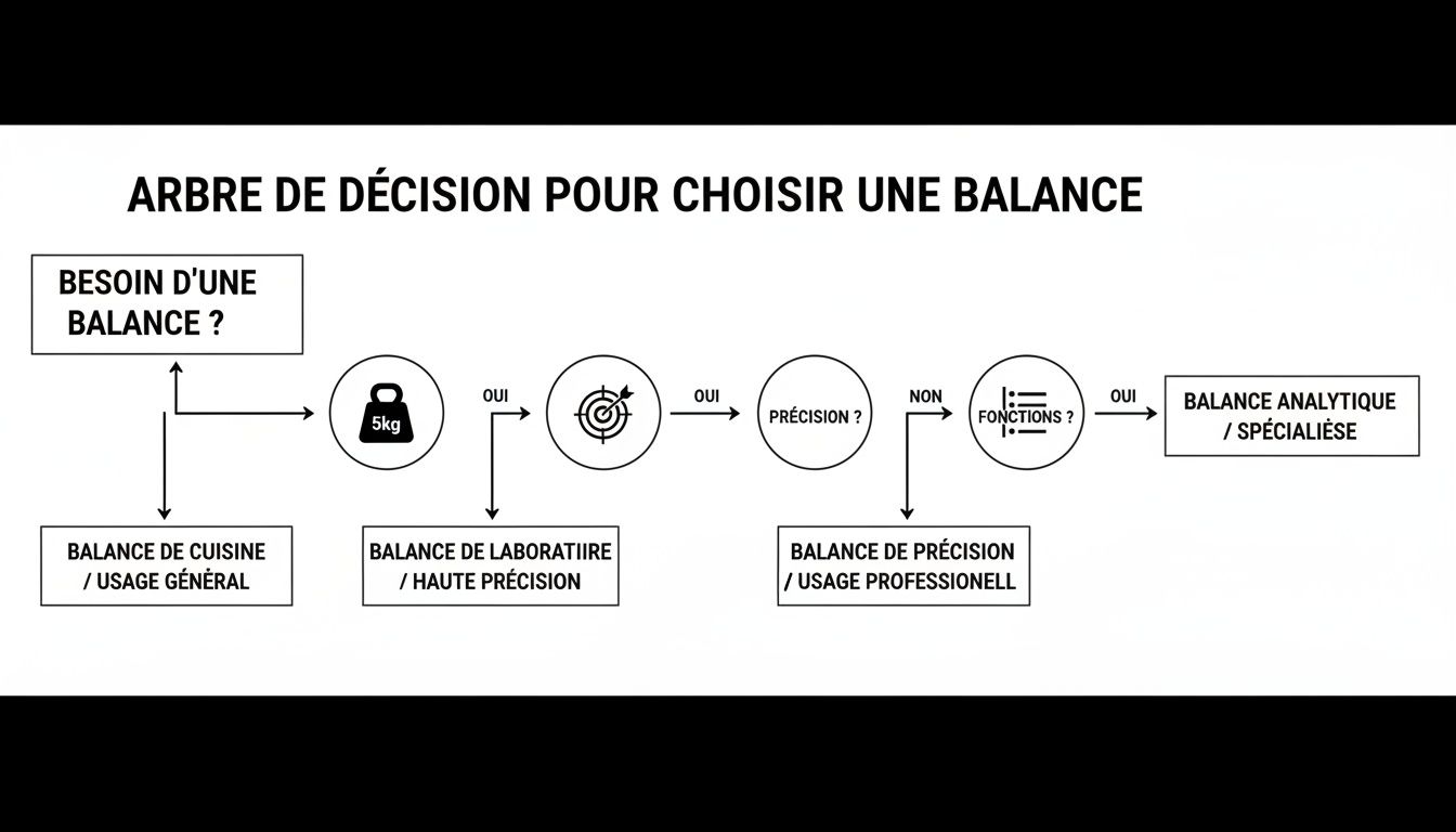 Guide visuel pour choisir la balance idéale : cuisine, laboratoire, précision ou analytique, selon vos critères.
