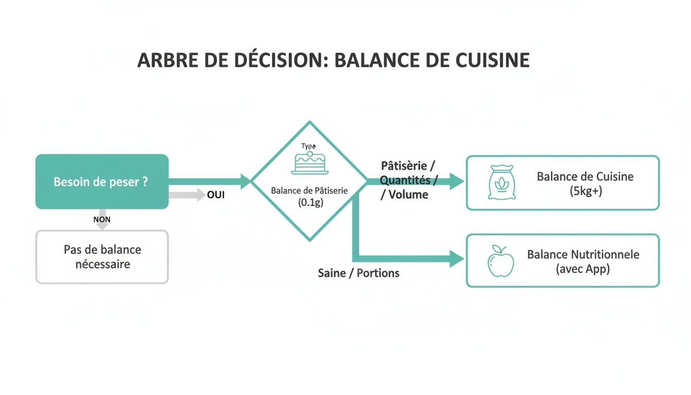 Arbre de décision pour choisir une balance de cuisine : besoin de peser, type (pâtisserie, saine), et les balances recommandées.