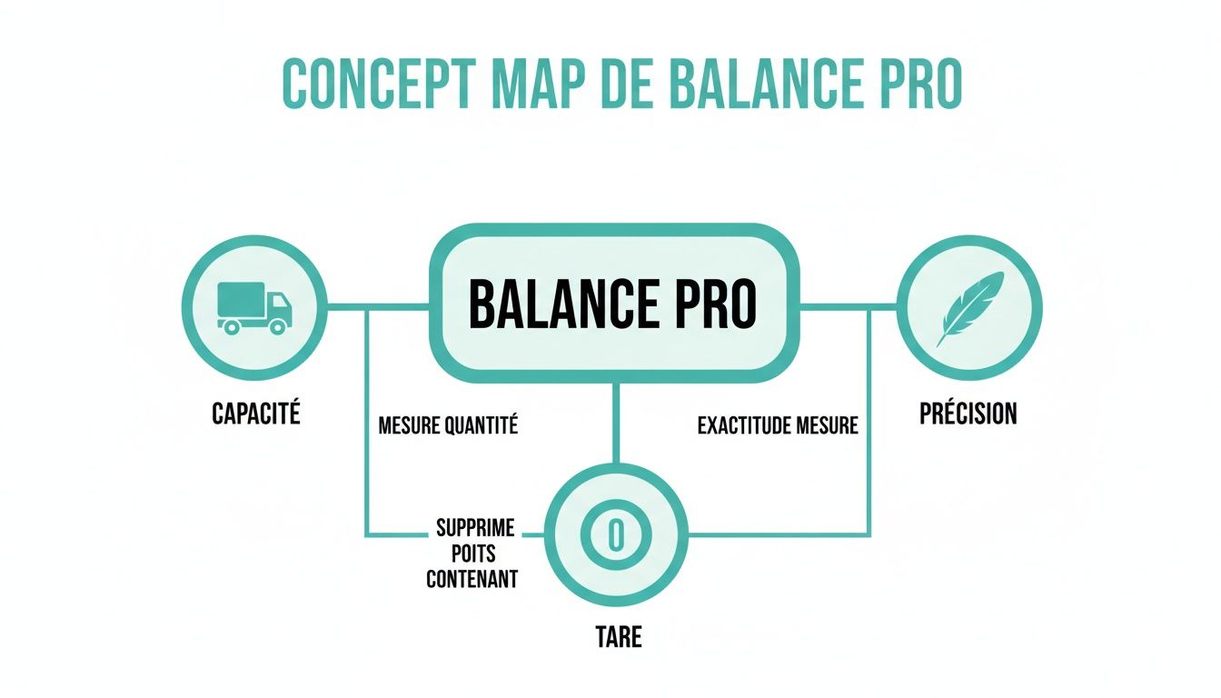 Carte conceptuelle de Balance Pro : capacité, précision, et fonction tare pour une mesure exacte.