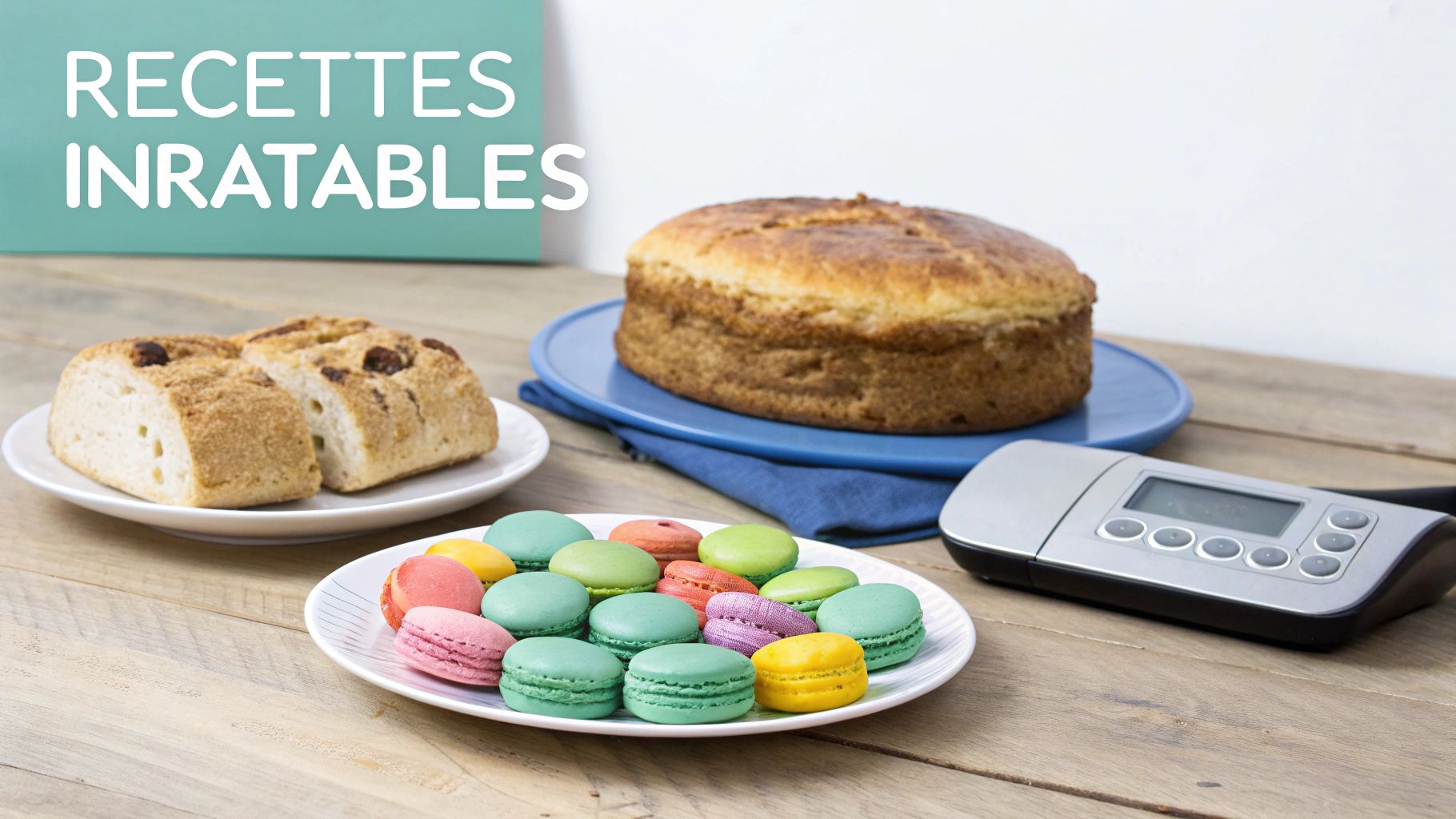 Table en bois avec une balance de cuisine, des macarons colorés, du pain et un gâteau. Le texte indique "RECETTES INRATABLES".