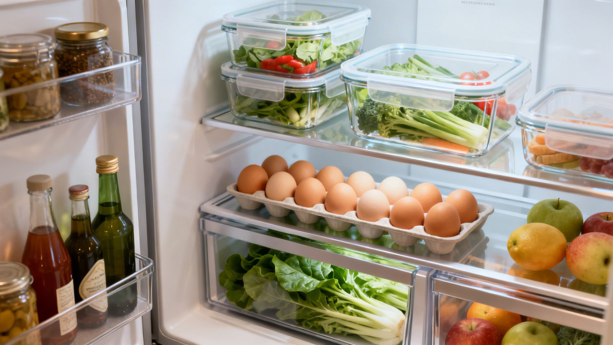 Réfrigérateur propre et bien organisé rempli de légumes frais, fruits, œufs et condiments dans des bocaux.