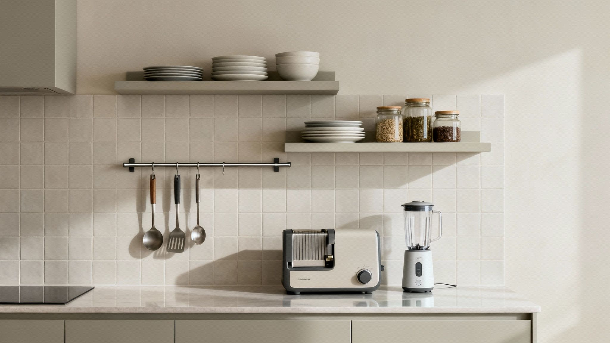 Cuisine moderne et minimaliste avec un grille-pain, un mixeur, des étagères de rangement et des ustensiles suspendus.