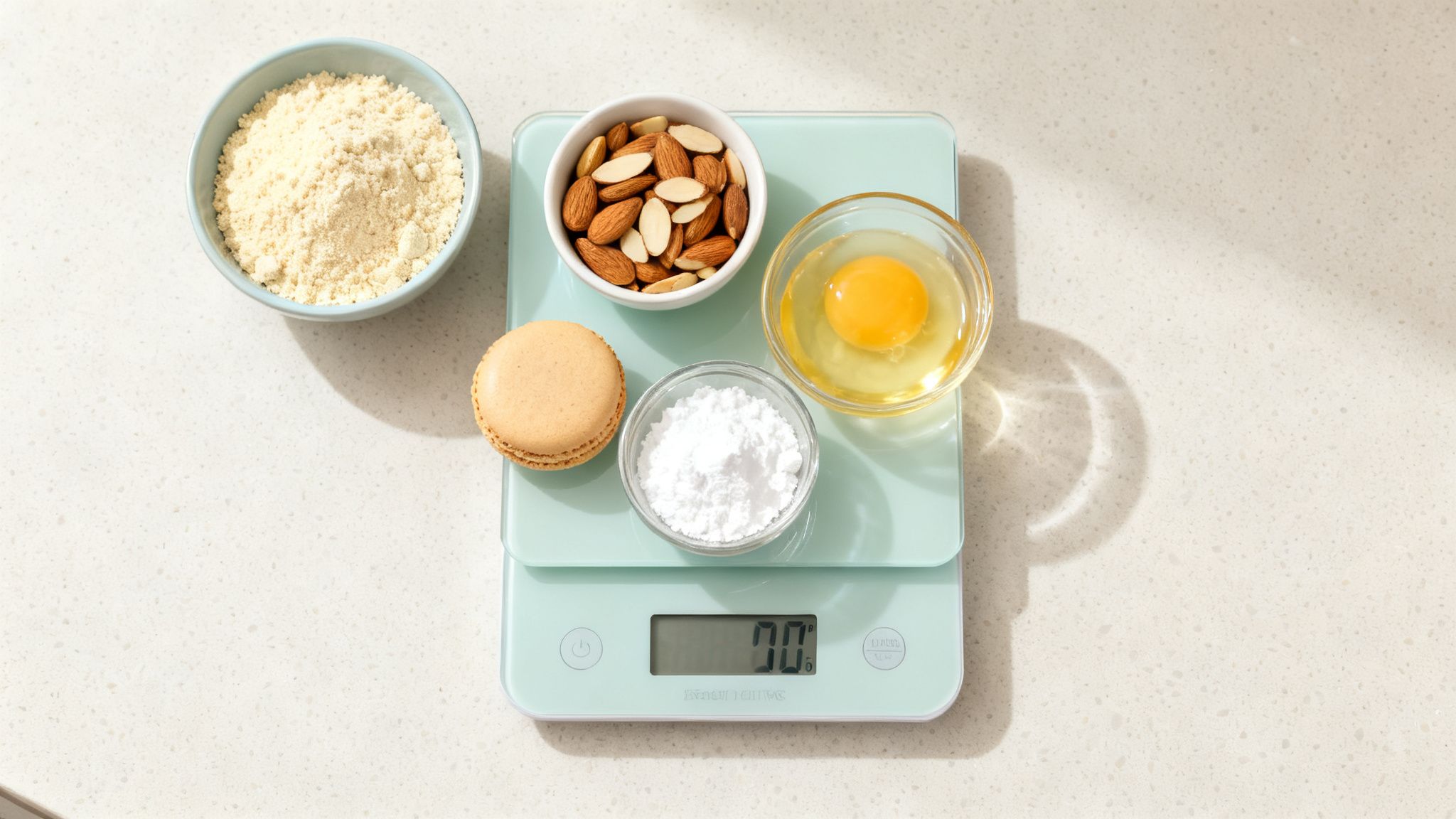 Ingrédients pour macarons sur une balance de cuisine : farine d'amande, œufs, amandes et sucre glace.