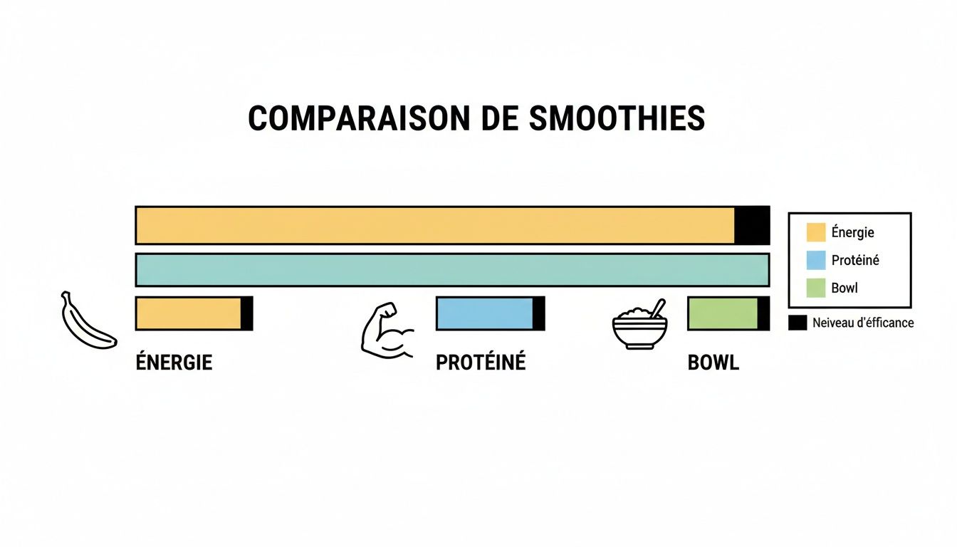 Graphique comparant les types de smoothies : énergie, protéiné et bowl, incluant leur niveau d'efficacité. Chaque barre représente un type de smoothie.