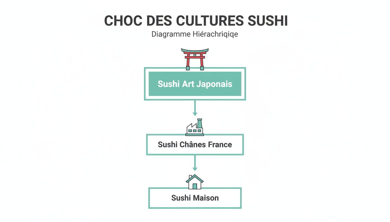 Diagramme hiérarchique illustrant l'évolution du sushi, de l'art japonais aux chaînes françaises et au sushi maison.