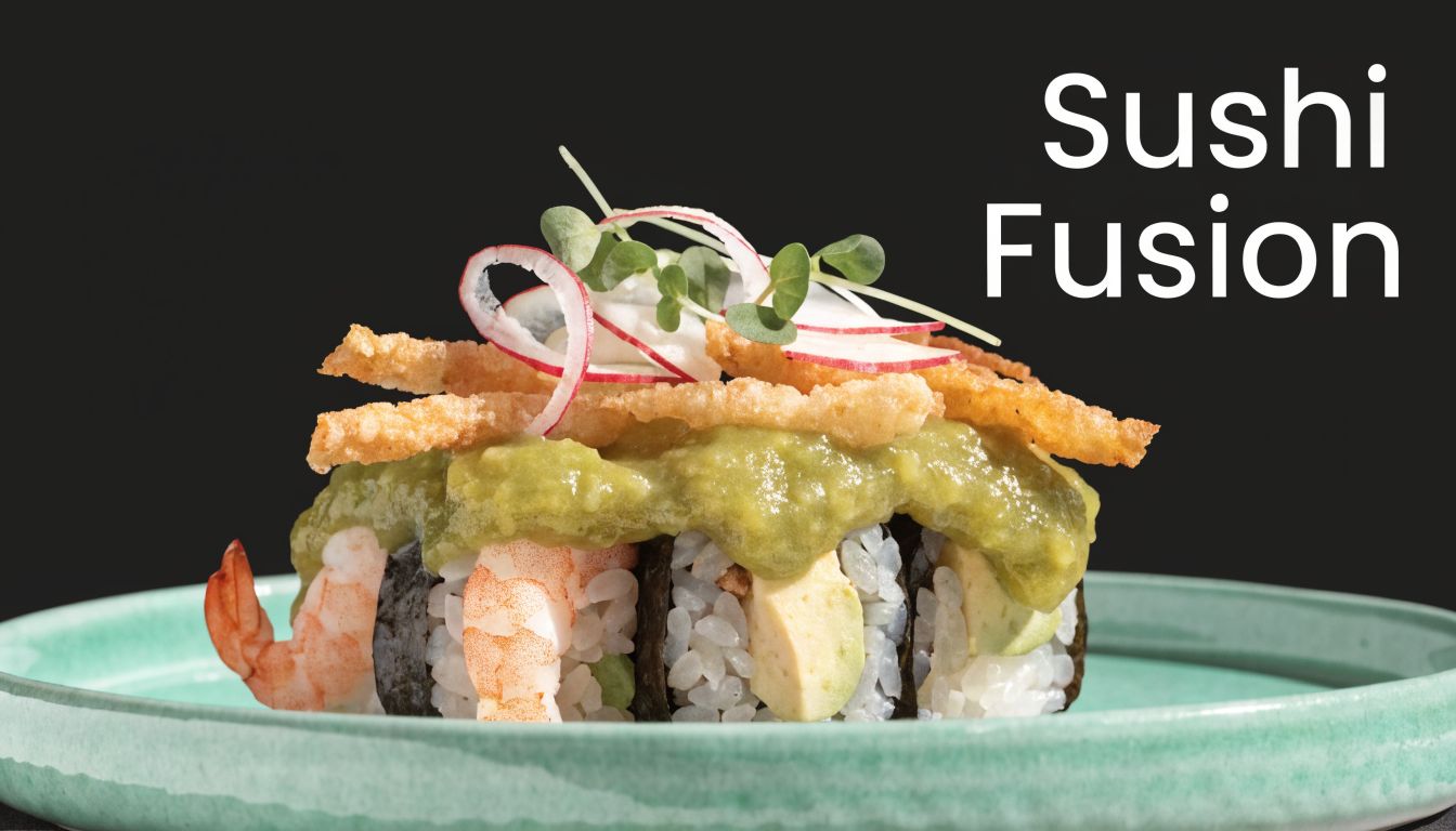 Un délicieux rouleau de sushi fusion garni d'avocat, de crevettes et de radis sur une assiette turquoise.