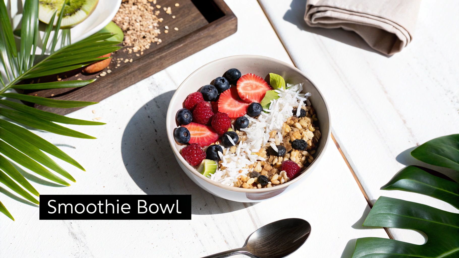 Un bol de smoothie coloré garni de fruits rouges frais, de noix de coco râpée et de granola, avec des feuilles tropicales.