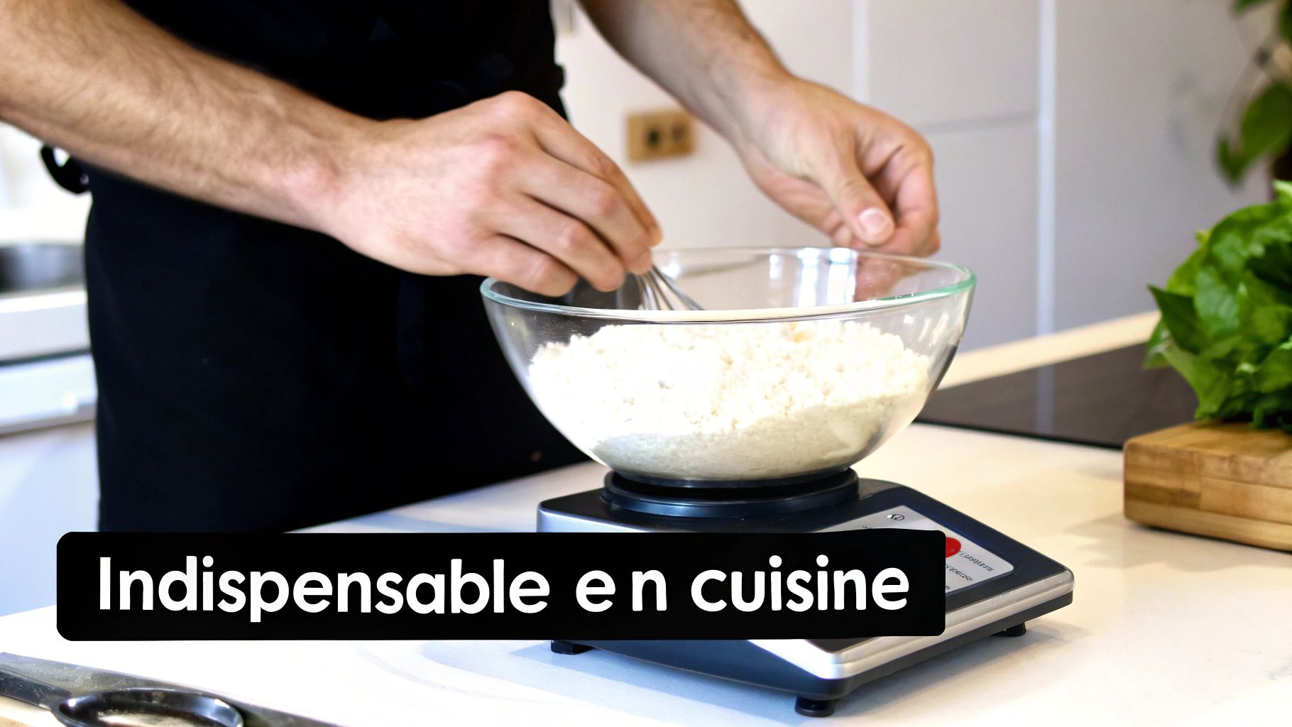 Un cuisinier mélange des ingrédients dans un bol en verre posé sur une balance de cuisine numérique.