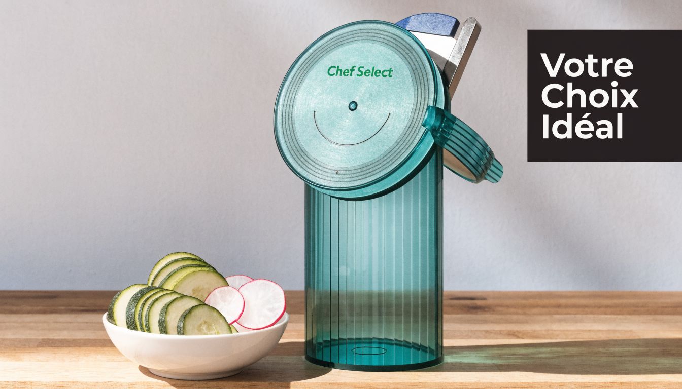 Une mandoline de cuisine bleue translucide avec des rondelles de courgette et de radis frais.