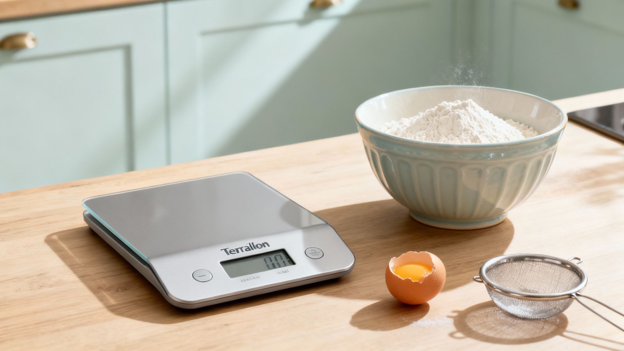 Une balance de cuisine Terraillon, un bol de farine, un œuf cassé et une passoire sur un comptoir en bois.