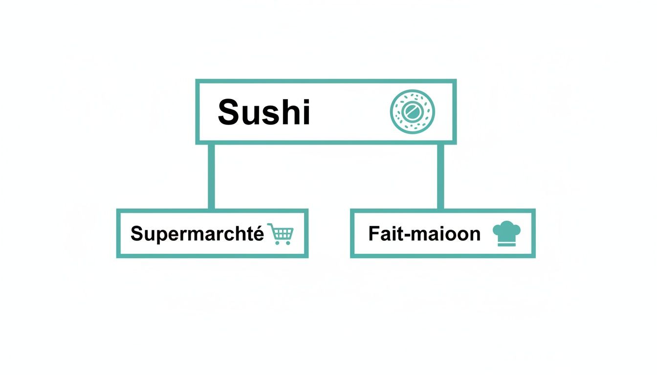 Diagramme montrant les options de sushi : en supermarché avec un caddie ou fait-maison avec une toque.