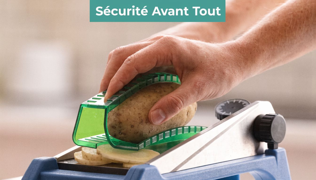 Une main utilise un protège-doigts de sécurité pour couper une pomme de terre avec une mandoline de cuisine.