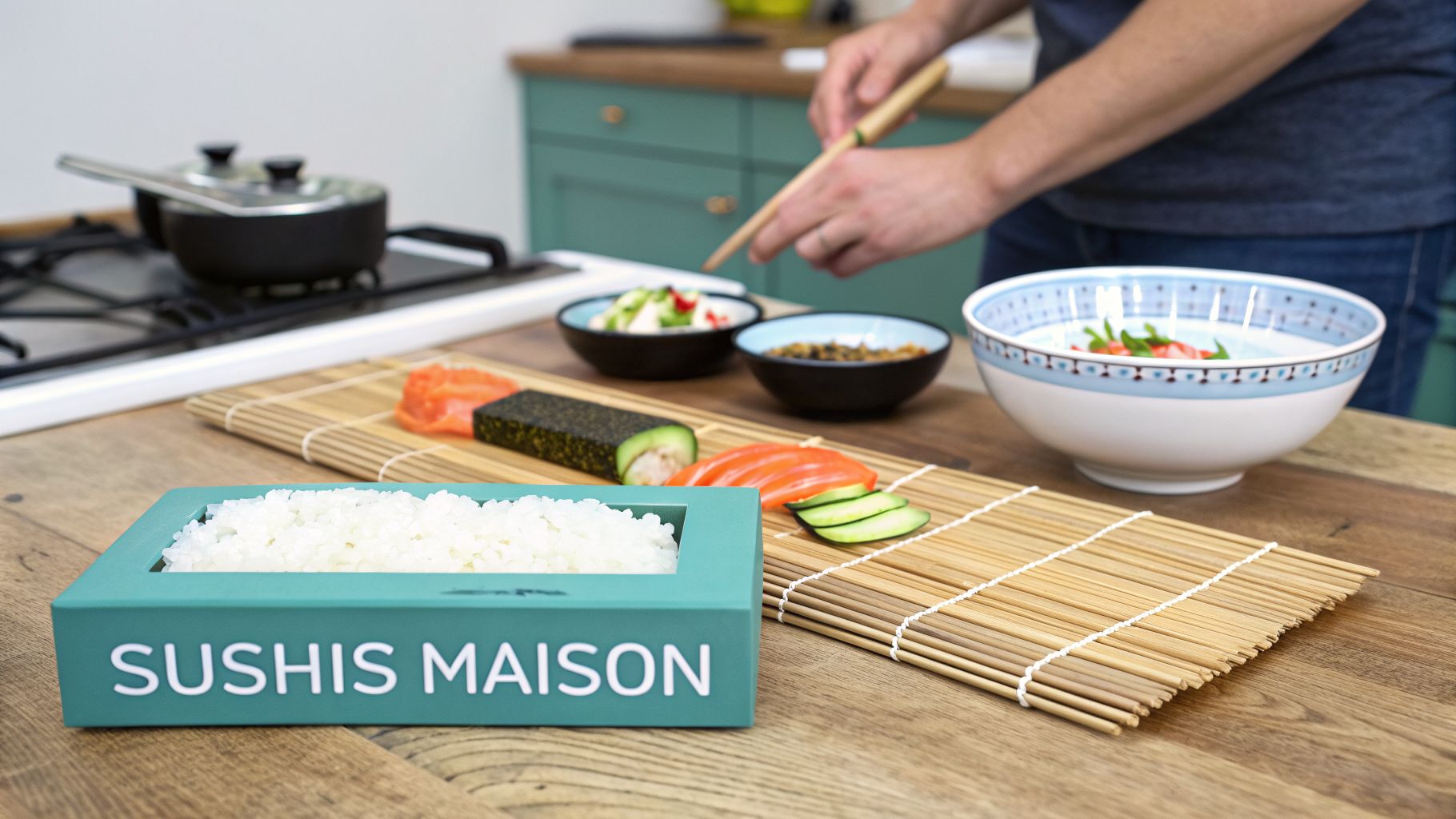 Personne préparant des sushis maison avec divers ingrédients et un moule à riz sur une table en bois.