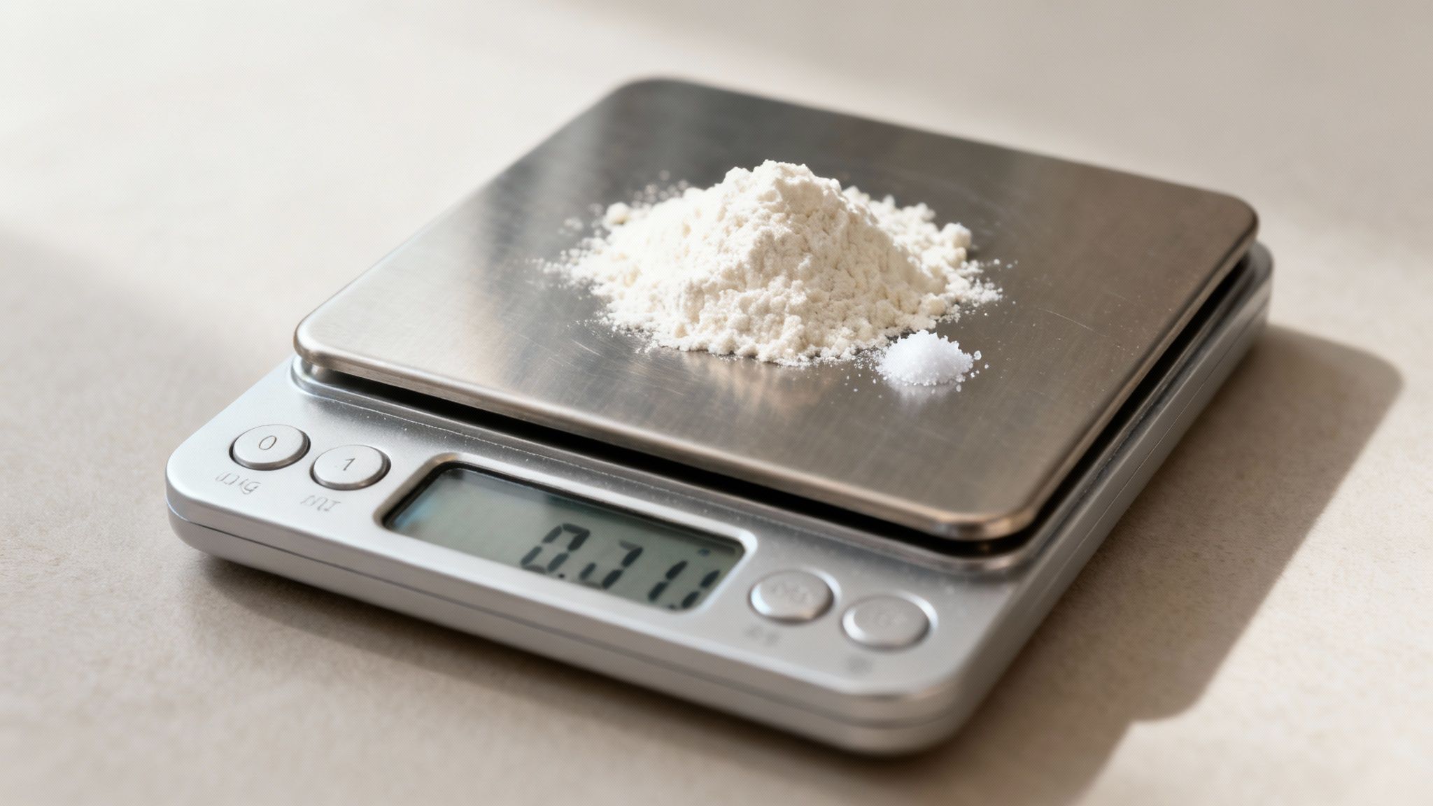 Une balance de cuisine numérique affiche 0.31 gramme de poudre blanche et de sel.
